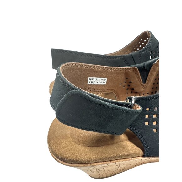 Rockport Briah Perforated Black Wedge Sandal Size 9M Comfortable Cork Heel - Picture 8 of 10